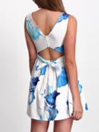Shein Blue White Sleeveless Floral Backless Dress