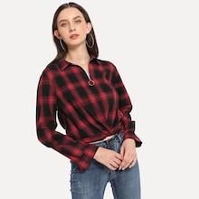 Shein Quarter Zip Plaid Blouse