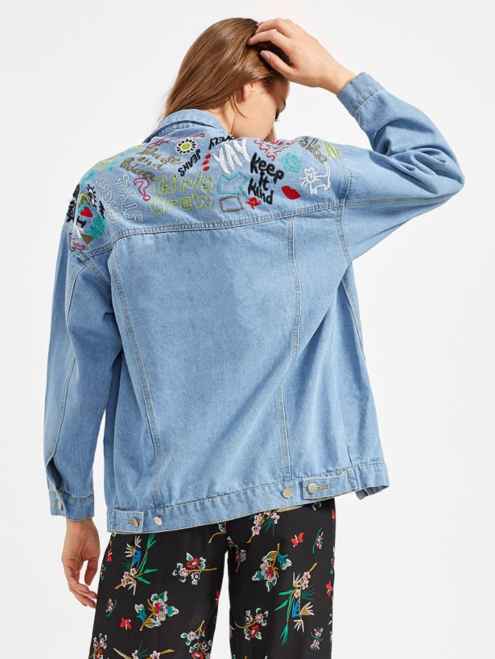 Shein Graffiti Embroidered Back Drop Shoulder Denim Jacket