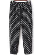Shein Black White Pockets Tie-waist Bow Arrow Print Pants