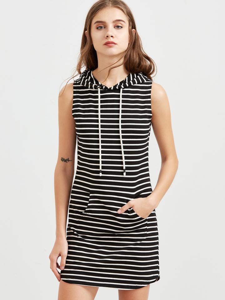 Shein Black And White Striped Pocket Front Sleeveless Hoodie Dress
