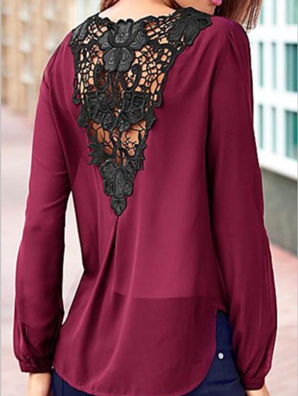 Shein Red Long Sleeve Lace Back Chiffon Blouse