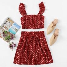 Shein Polka Dot Ruffle Trim Crop Top & Skirt Set