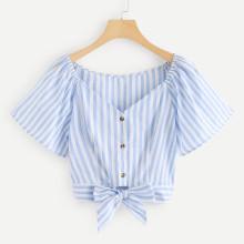 Shein V Neckline Knot Hem Striped Top