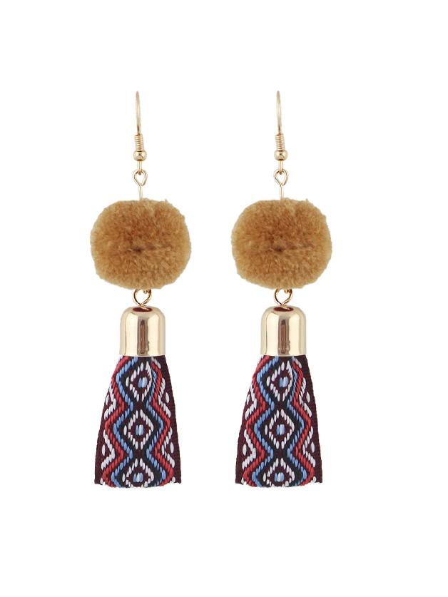 Shein Brown Ethnic Fur Ball Embroidery Earrings