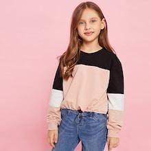 Shein Girls Color-block Drawstring Hem Pullover