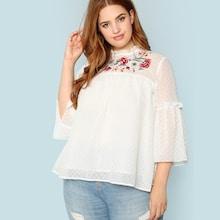 Shein Plus Embroidered Yoke Bell Sleeve Dot Jacquard Top
