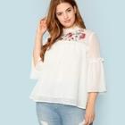 Shein Plus Embroidered Yoke Bell Sleeve Dot Jacquard Top