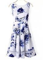 Rosewe Exquisite Flower Print Round Neck Sleeveless A  Line Dress