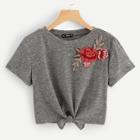 Shein Flower Embroidery Applique Knot Tee