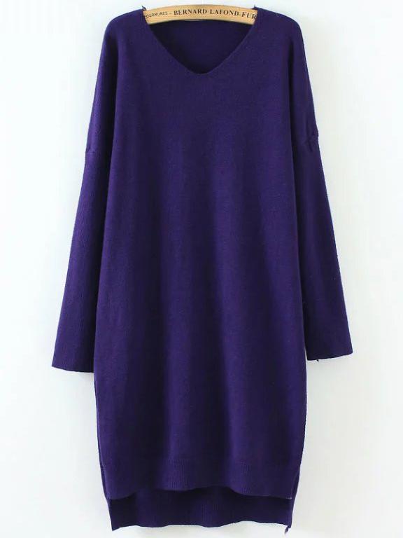 Shein Navy V Neck Drop Shoulder Dip Hem Sweater Dress