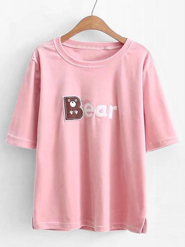 Shein Bear Patch Velvet Tee