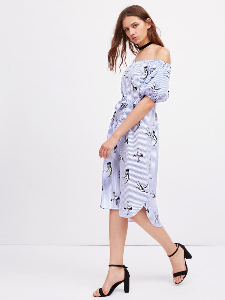 Shein Bardot Lantern Sleeve Self Tie Cranes Print Dress