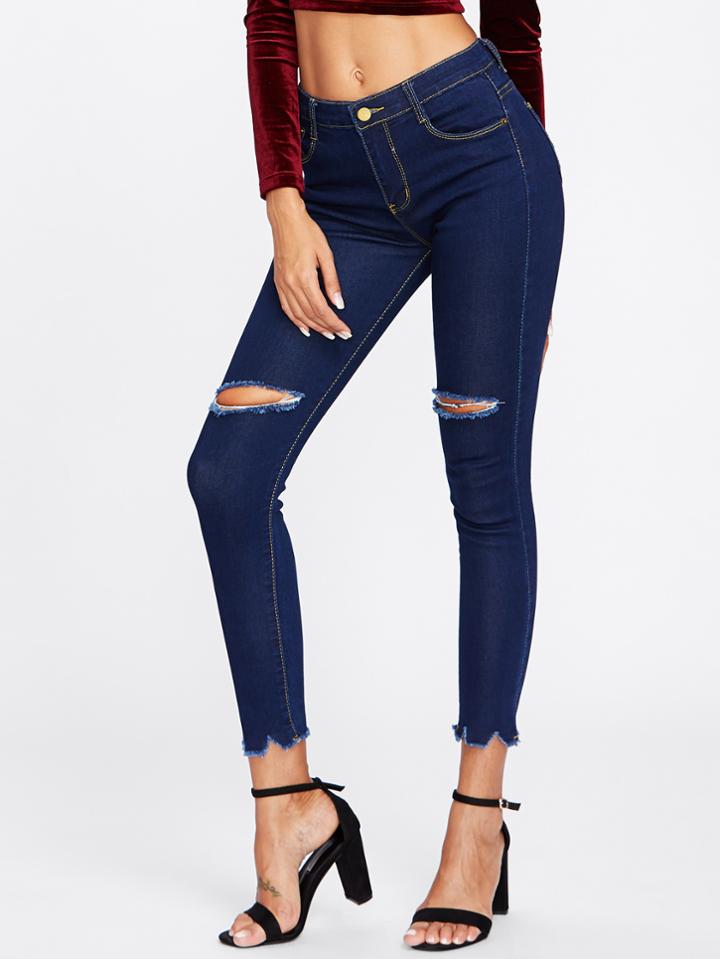 Shein Knee Rips Frayed Hem Skinny Jeans
