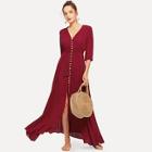 Shein Shirred Waist Tassel Tied Button Up Dress