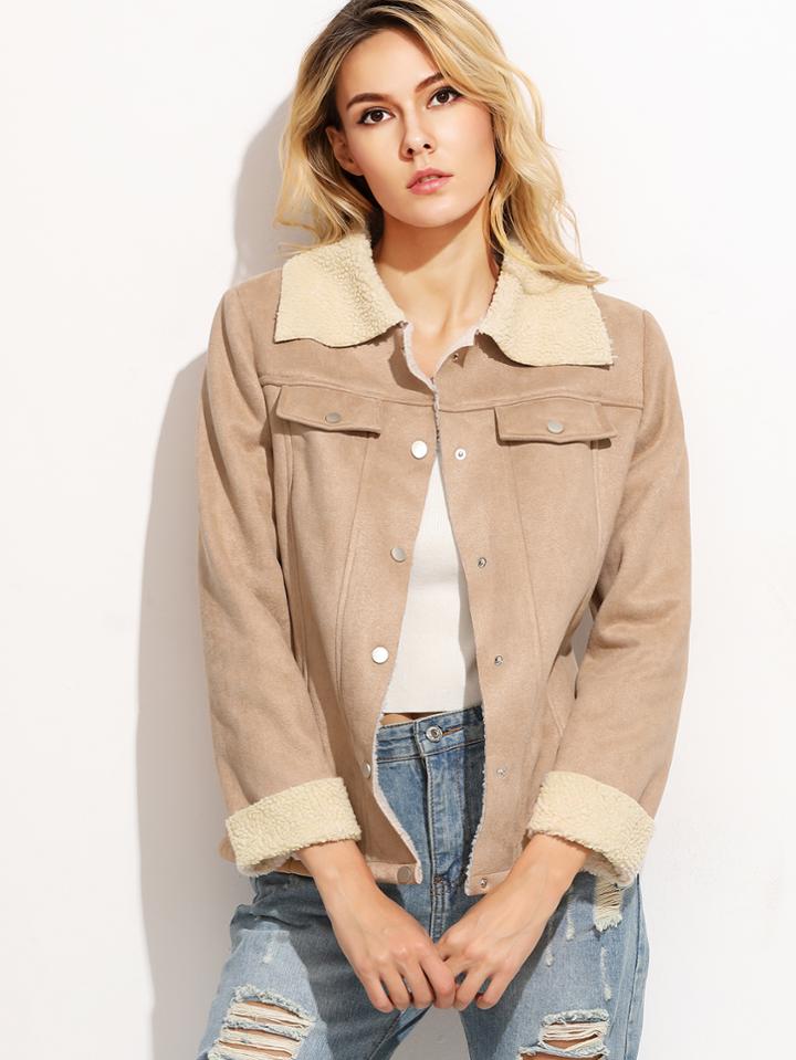 Shein Apricot Faux Shearling Button Up Jacket
