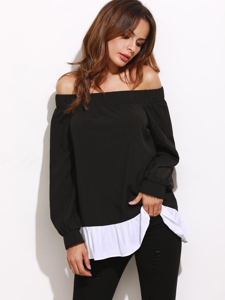 Shein Black Contrast Ruffle Trim Off The Shoulder Top