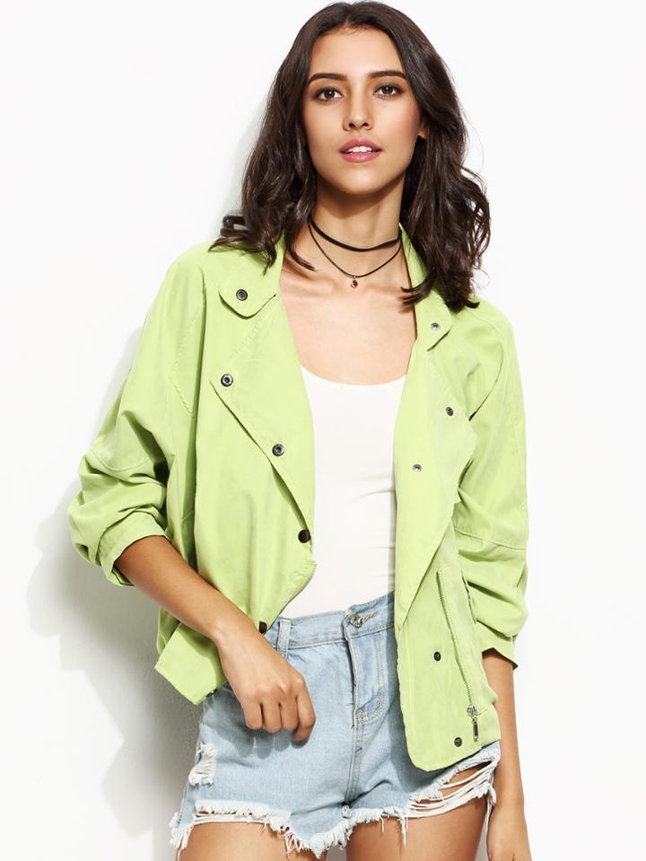 Shein Green Drop Shoulder Snap Button Zipped Jacket