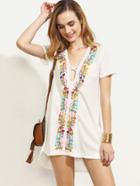 Shein White Crisscross Embroidered Short Sleeve Dress