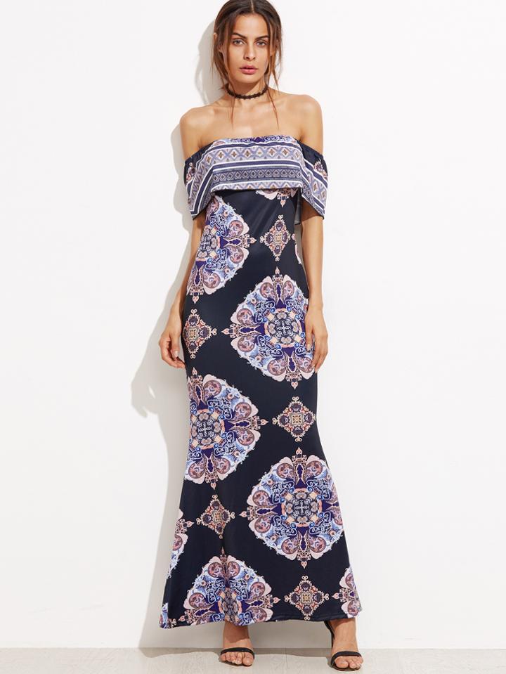 Shein Navy Floral Off The Shoulder Sheath Dress