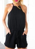 Rosewe Sleeveless Cutout Back Drawstring Waist Black Romper