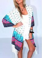 Rosewe Color Block Printed Tassel Decorated Long Cardigan