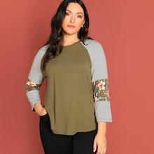 Shein Plus Botanical & Striped Print Raglan Sleeve Tee