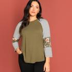 Shein Plus Botanical & Striped Print Raglan Sleeve Tee