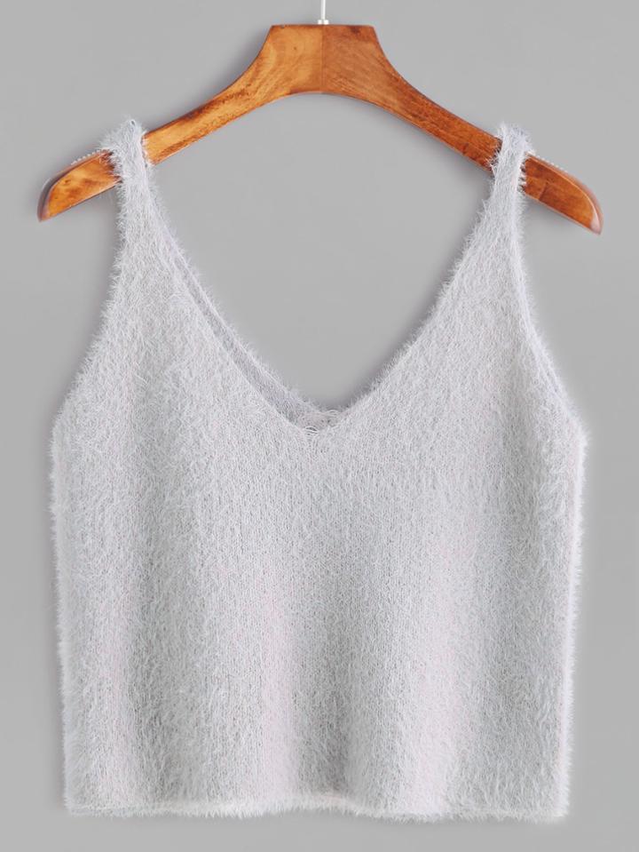 Shein Pale Grey V Neck Crop Mohair Tank Top