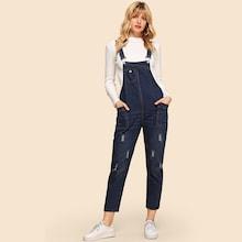 Shein Ripped Detail Solid Denim Overalls