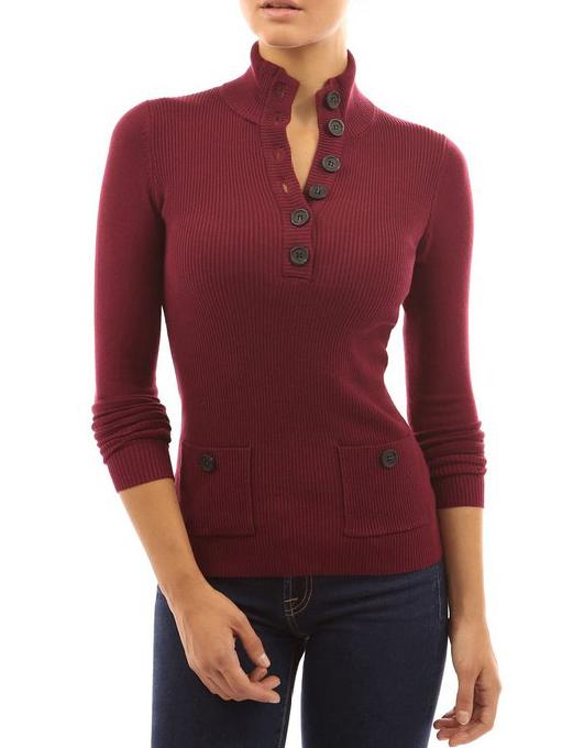Shein Wine Red Stand Collar With Buttons Pockets Sweater