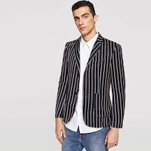 Shein Men Pocket Front Notched Neck Striped Blazer