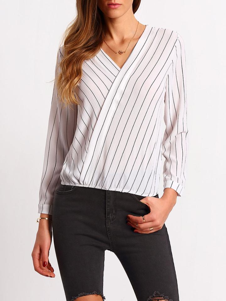 Shein White V Neck Striped Chiffon Blouse