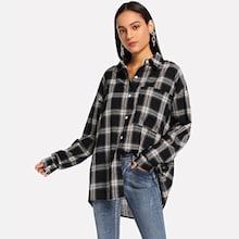 Shein Plaid Curved Hem Shirt
