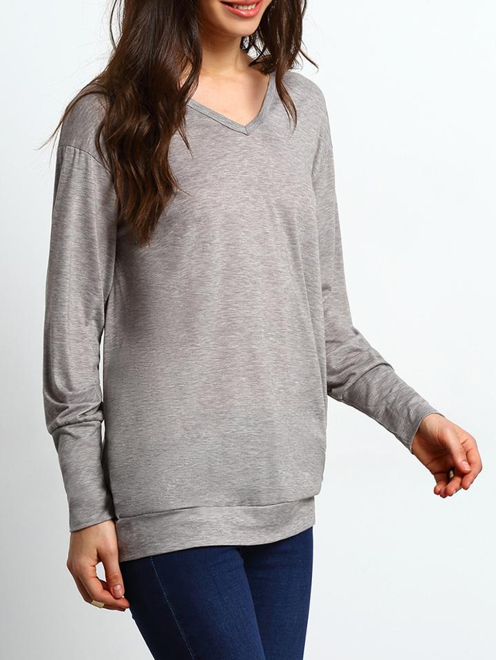 Shein Grey V Neck Pockets Loose T-shirt