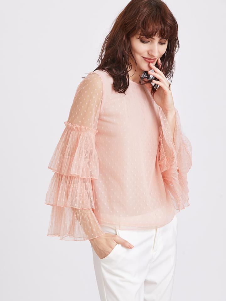 Shein Pink Sheer Tiered Ruffle Sleeve Polka Dot Blouse