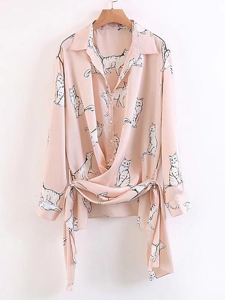 Shein Cat Print Lace Up Hem Blouse