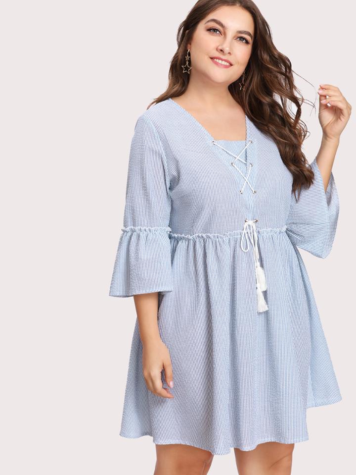 Shein Tasseled Lace Up Frilled Striped Dress