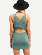 Shein Mock Neck Ribbed Cutout Cross Back Dress - Green