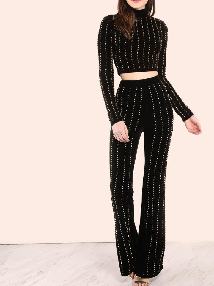 Shein Studded Velvet Flare Pants Black