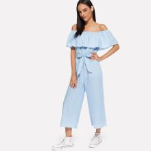 Shein Off-shoulder Tie Waist Wide Leg Denim Overalls
