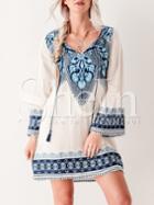 Shein Beige Flutter Lacing Long Sleeve Vintage Print Retro Dress