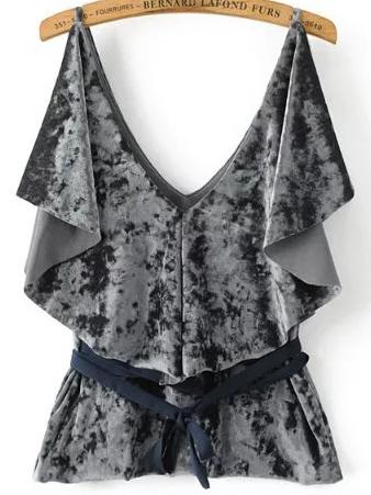 Shein Black Double V Neck Ruffle Trim Velvet Top