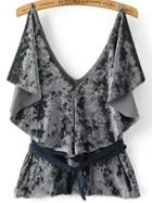 Shein Black Double V Neck Ruffle Trim Velvet Top