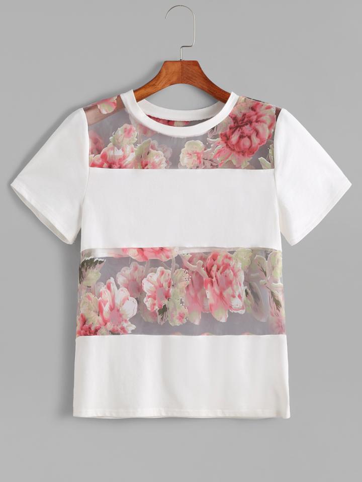 Shein White Flower Print Mesh Insert T-shirt