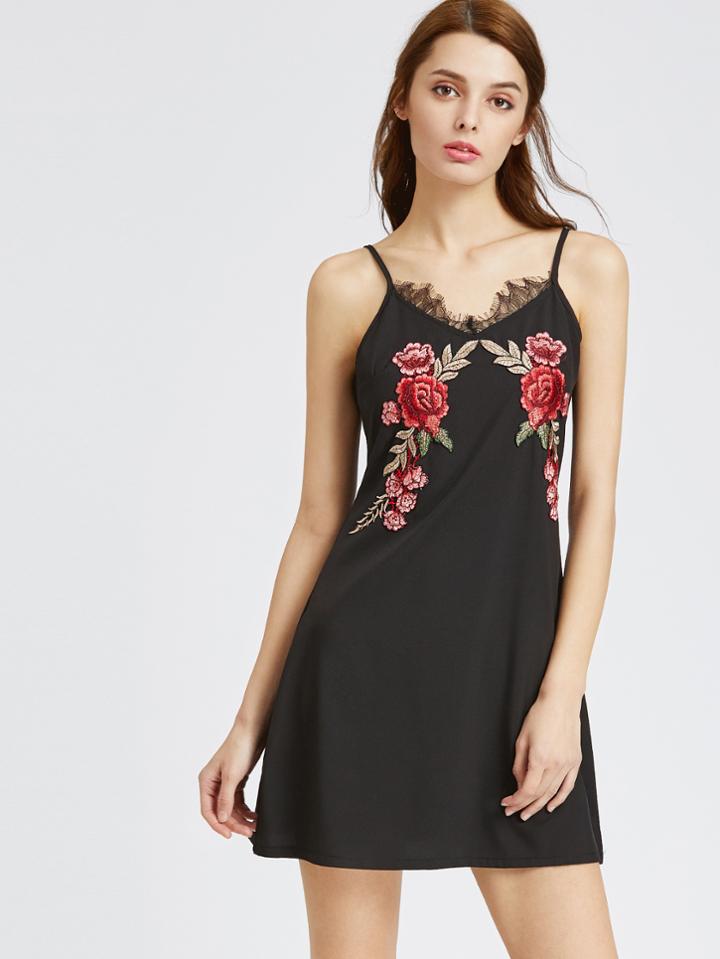 Shein Black Contrast Eyelash Lace Appliques Slip Dress