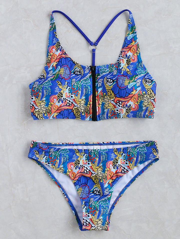 Shein Blue Floral Print Front Zipper Bikini Set