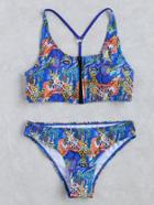 Shein Blue Floral Print Front Zipper Bikini Set