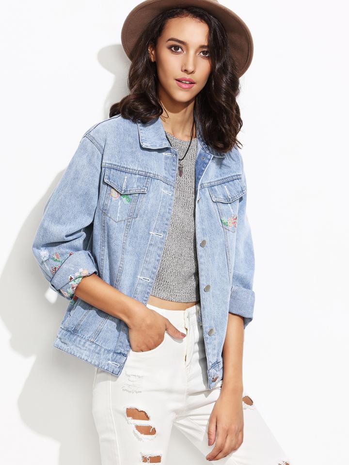 Shein Blue Embroidered Pockets Denim Jacket