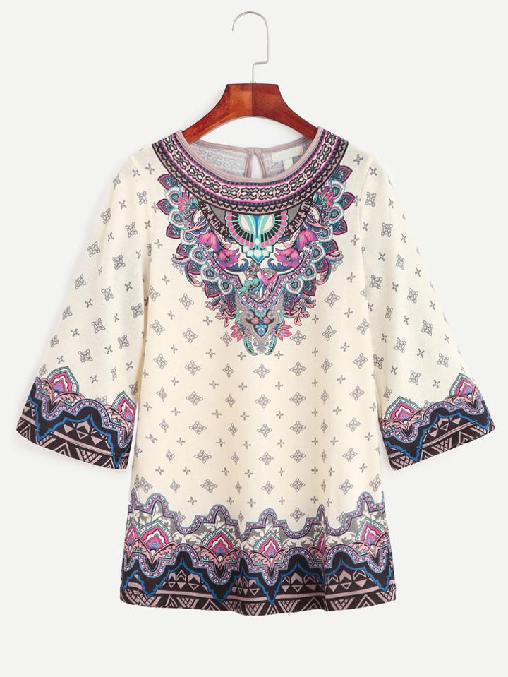 Shein Vintage Print Elbow Sleeve Keyhole Back T-shirt
